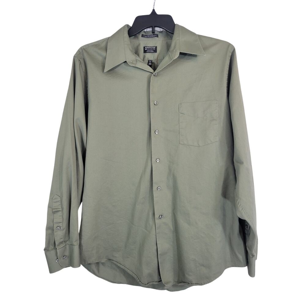 Arrow Shirt Fitted Collared Sateen Button-Up‎ Long Sleeve Green Sz XL
